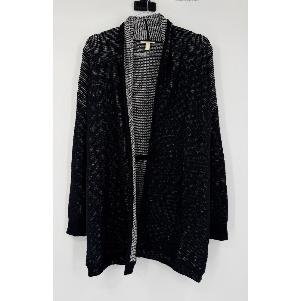 Eileen Fisher Womens XS Black White Organic Cotton Open Front Cardigan Sweater
